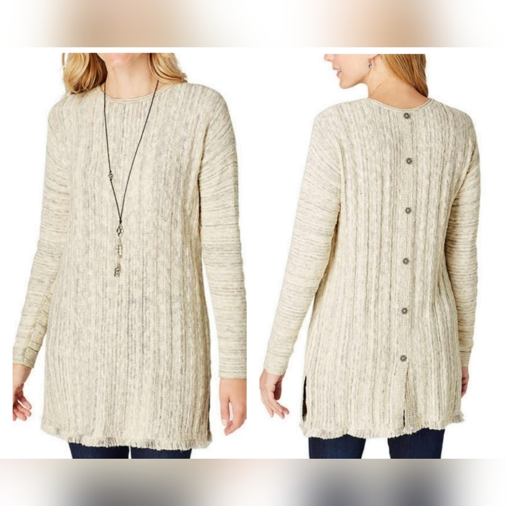 J. Jill | Button Back Fringe Hem Sweater Neutral Medium Petite